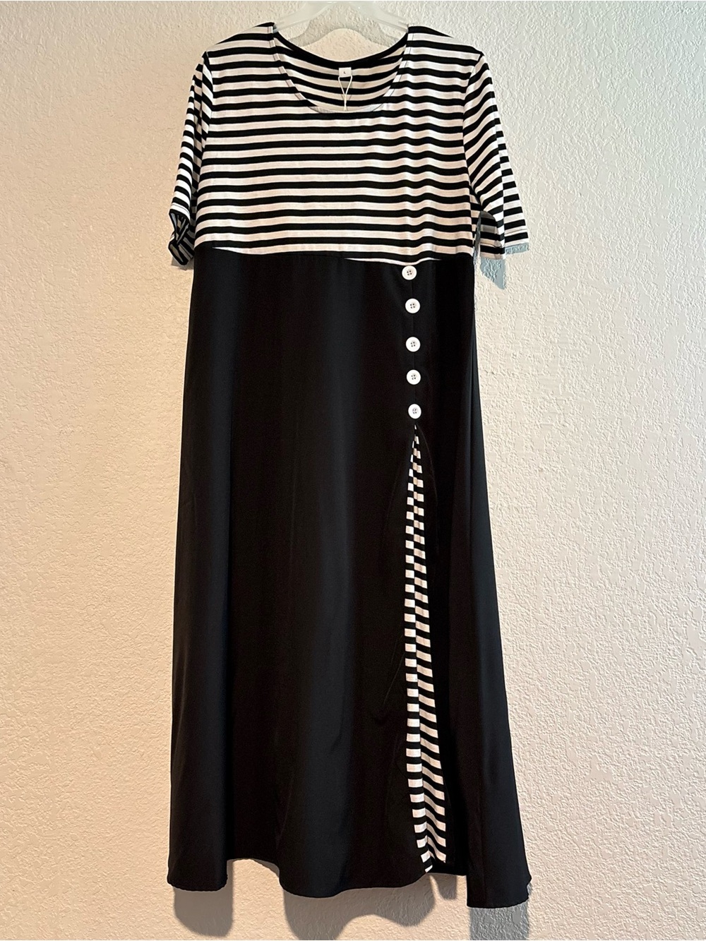 Women's Black & White Striped Maxi Dress with Side Button Detail